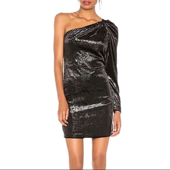 BCBGMAXAZRIA One Shoulder Long Sleeve Shimmer Velvet Mini Dress Black 4 - Picture 1 of 9